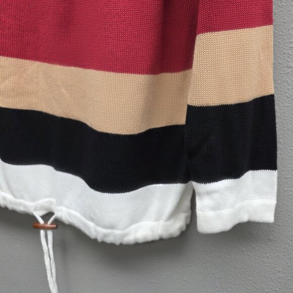 Striped Sweater Womens XL Black Red Tan White Colorblock Pullover Drawstring Hem - Picture 3 of 8
